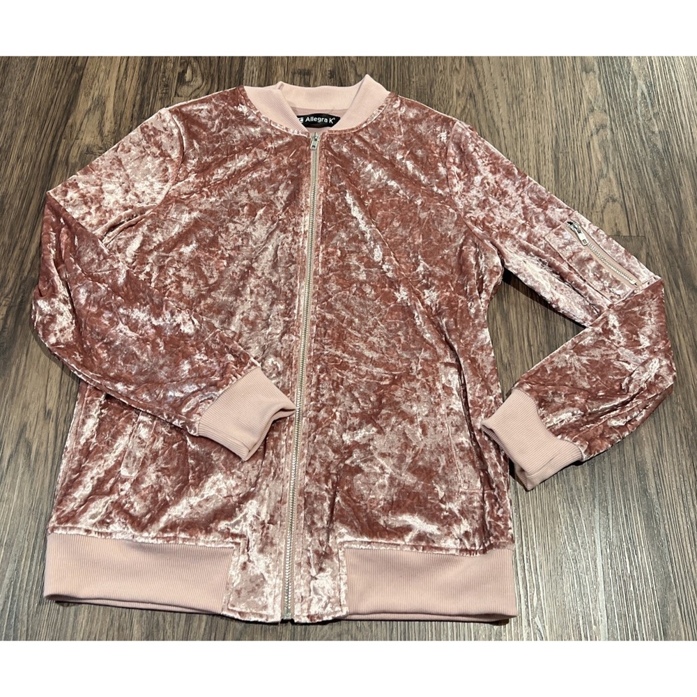 Allegra K Velvet Bomber Women's Jacket Size S Color Pink Full Zip